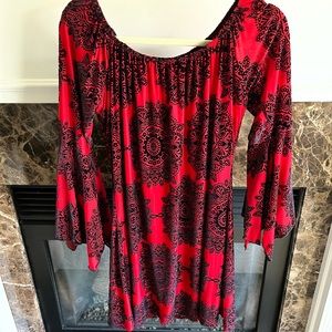 Red dress with black velvet designs